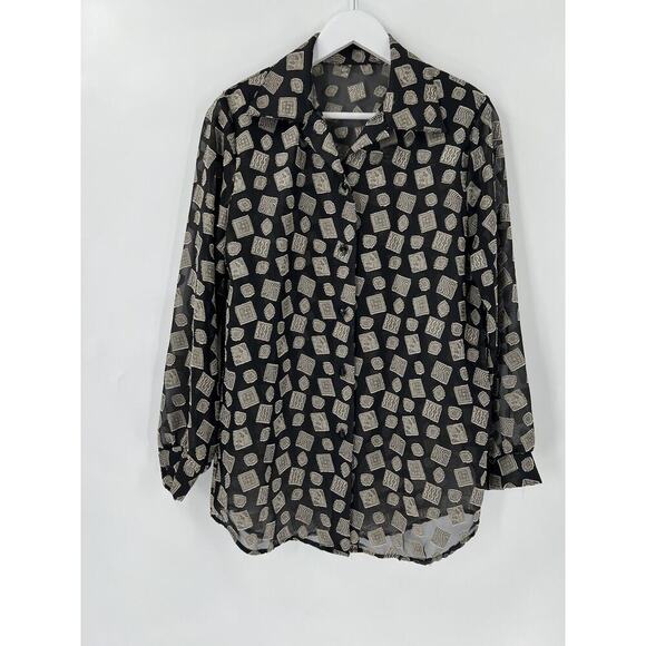 Vintage Blouse Womens Medium/Large Black Beige Sheer Long Sleeve Button Front - Picture 1 of 12